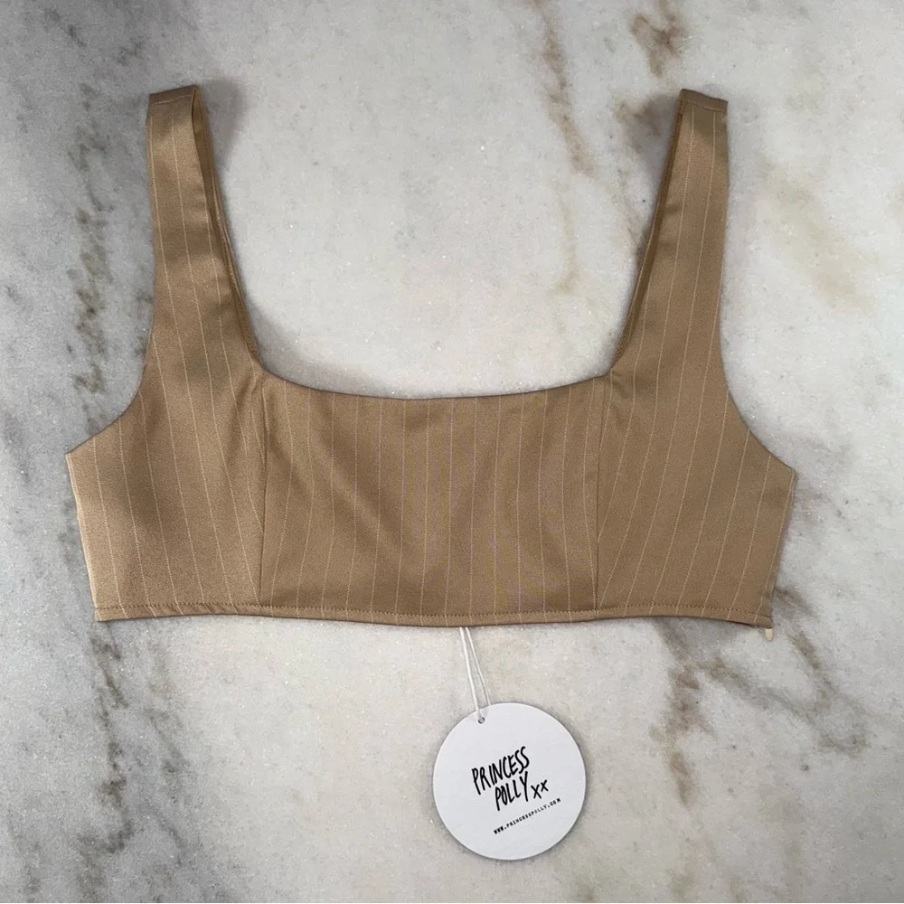 Princess Polly Beige Pinstripe Square Neck Crop Top - Picture 1 of 7